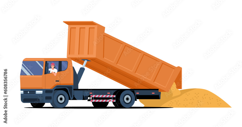 Dump truck with driver unloads sand from a raised body. Vector illustration. Dump truck with driver unloads sand from a raised body. Vector illustration.