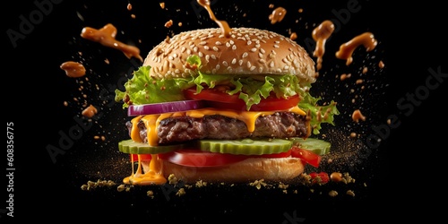 AI Generated. AI Generative. Fresh flying burger with ingridients. Fast food promotion. Graphic Art