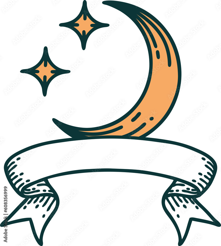 traditional tattoo with banner of a moon and stars traditional tattoo with banner of a moon and stars