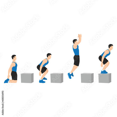 Man doing knee to box jump squat or power jump exercise. Flat vector illustration isolated on white background