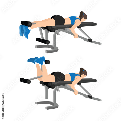 Woman doing Lying leg curls exercise. Flat vector illustration isolated on white background