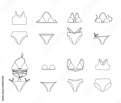 Female line doodle bikini set. Swimsuits collection. Modern minimal lingerie and swimwear pieces. Black outline, editable stroke. Vector illustration for coloring page