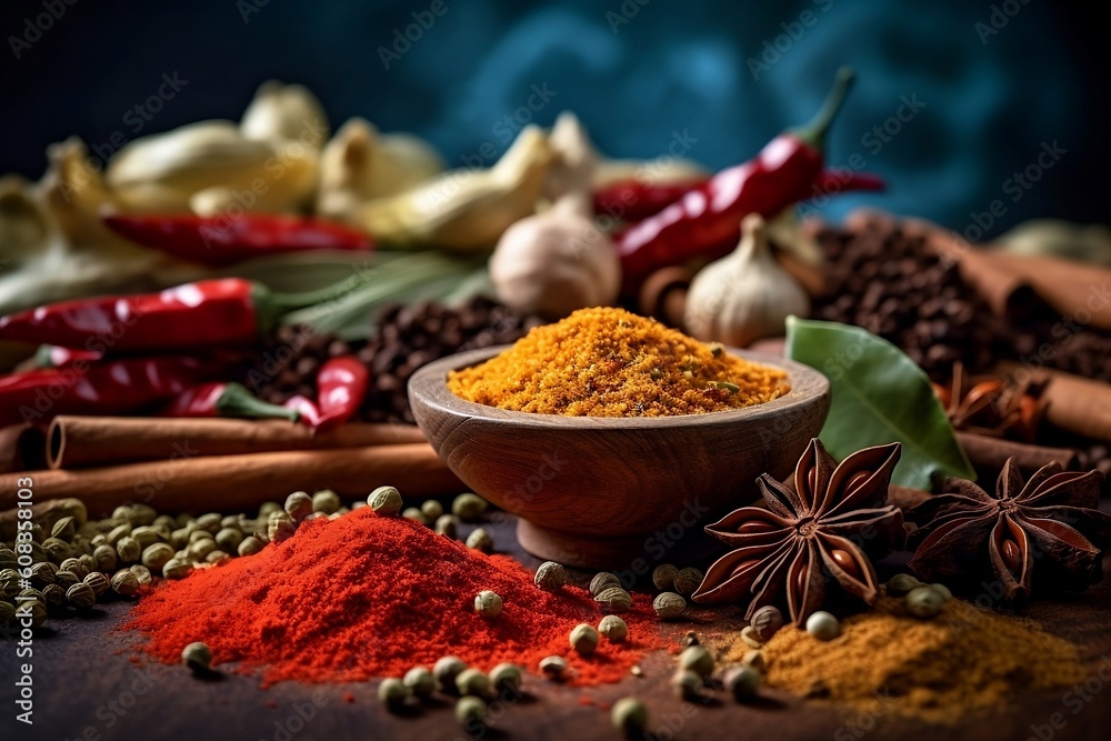 Variety of spices on the table. Red pepper, turmeric, coriander, star anise, cinnamon sticks, bay leaf, garlic. Generative AI. Variety of spices on the table. Red pepper, turmeric, coriander, star anise, cinnamon sticks, bay leaf, garlic. Generative AI.