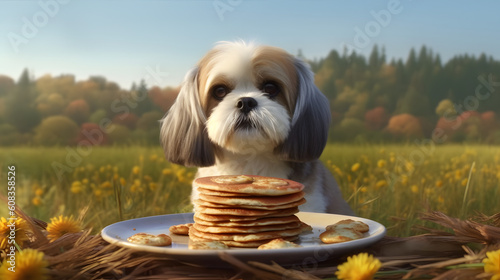 Cute Shih Tzu dog with pile up of pancake in the garden, Generative AI