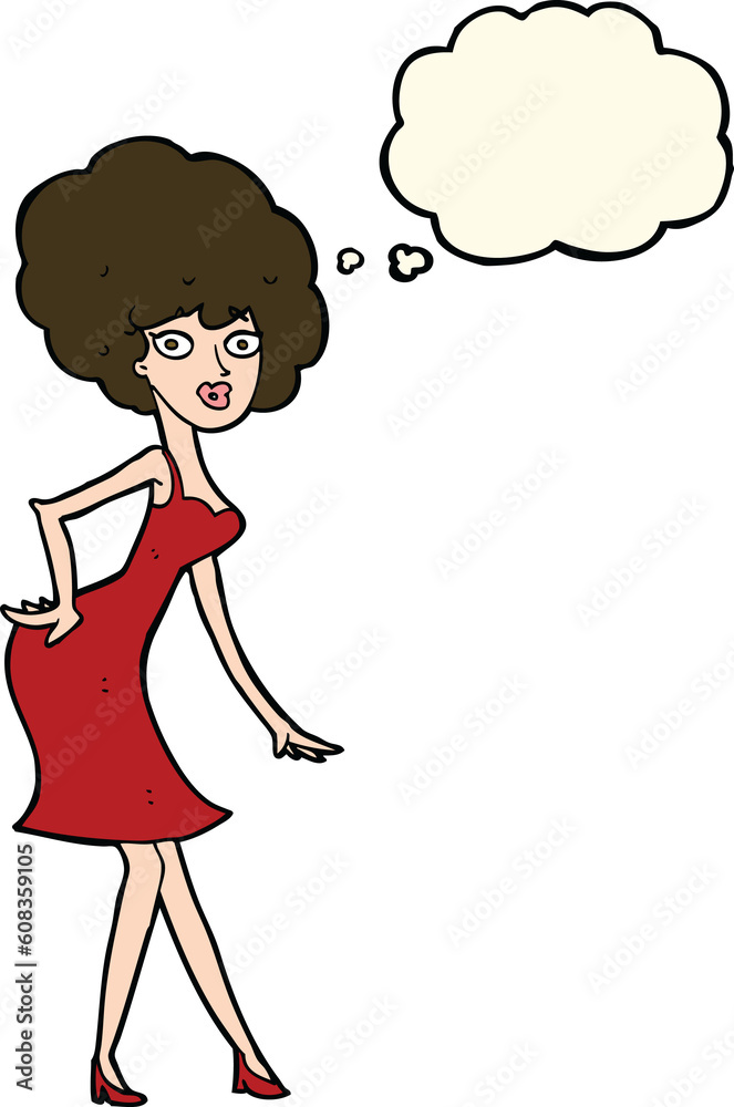 cartoon woman posing in dress with thought bubble cartoon woman posing in dress with thought bubble