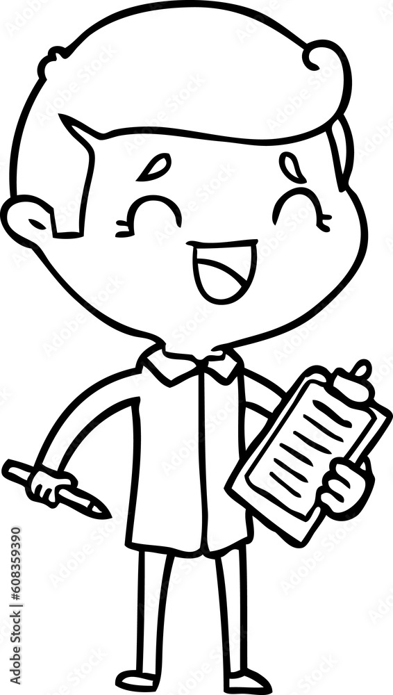 cartoon laughing man with clip board