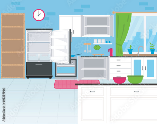 Design of Colorful Kitchen with open doors and drawers in home vector