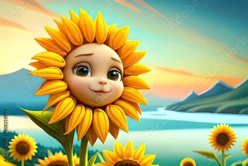 cartoon caricature, beautiful sunflowers, ai generative.