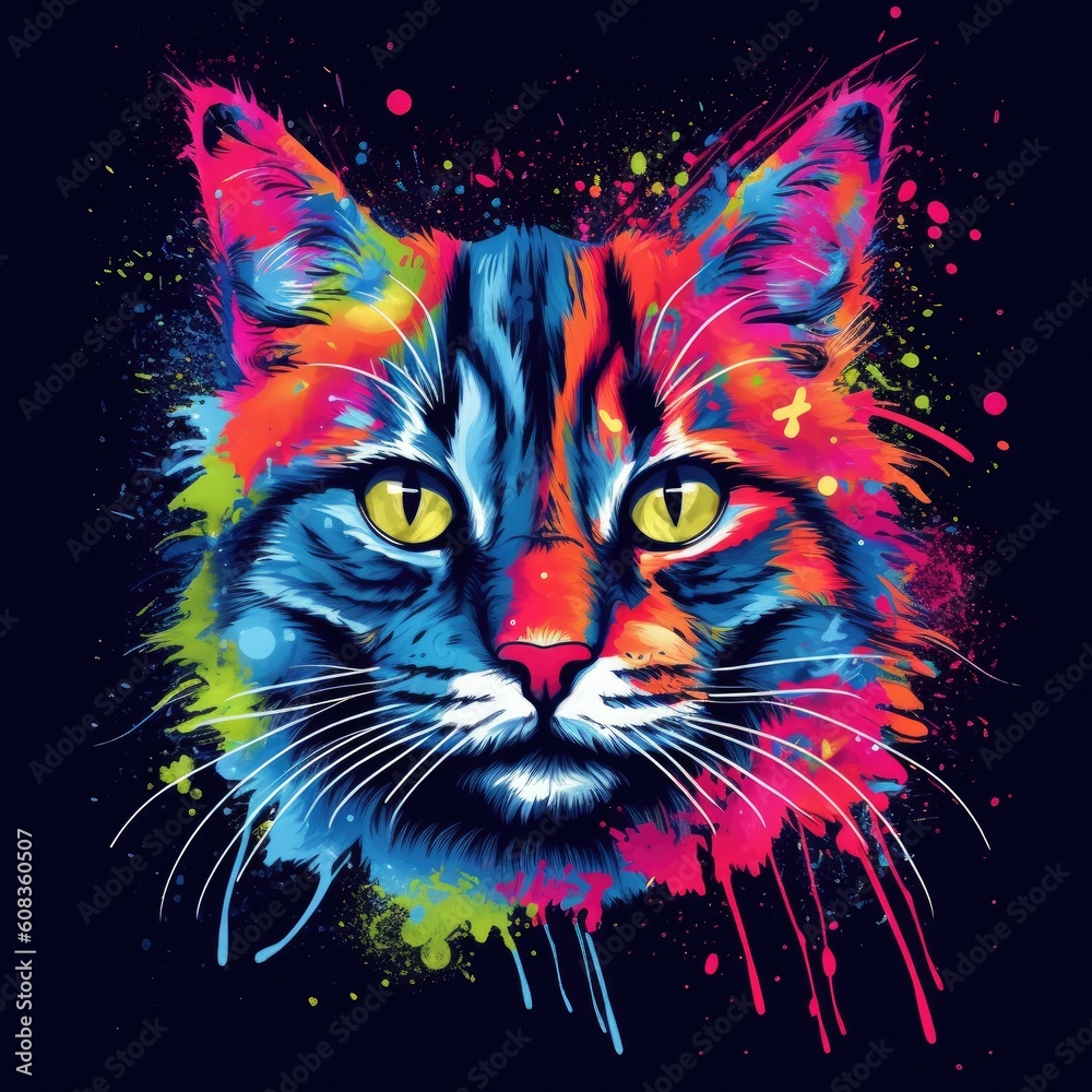 Colorful cat head art, artistic illustration, multicolor paint splash, generative AI