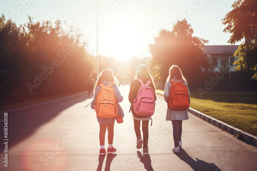 Generative AI of rear view of three schoolgirls with backpacks walking to school