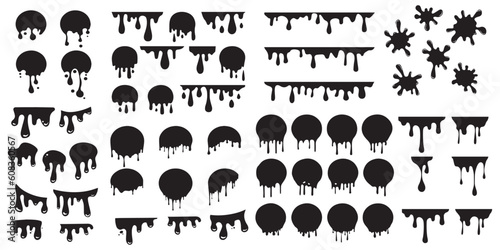 Black dripping ink. Isolated spots of paint  floating oil blots vector set. Blob paint  ink splatter black  stain and drip illustration. Vector Illustration. Vector Graphic. EPS 10