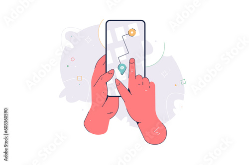 Hand holding phone and city map with gps navigation marker pins location on screen. Mobile tracking navigator pointer app. Flat vector illustration for web