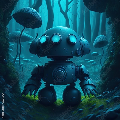 Blue little robot in the forest. Surrounded by mushrooms. Moonlight landscape. Generative A.I