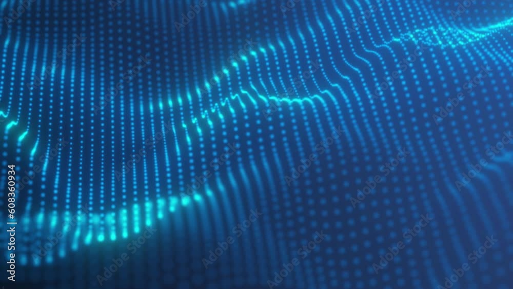 Digital dynamic cyber shining abstract neon wave. Abstract futuristic blue background with dots and lines. Big data visualization. 3d animation wave seamless loop