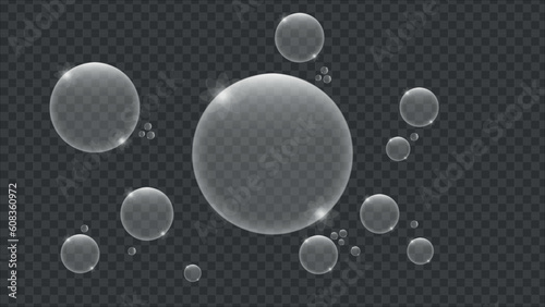 Soap bubbles foamy realistic  an isolated transparent background. Vector illustration set foam soap bubbles. Water air sphere. Vector illustration. EPS 10
 
