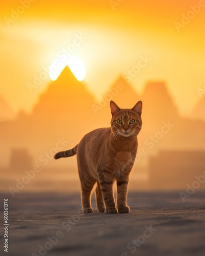 Abyssinian cat in front of the Giza pyramids. Generative AI