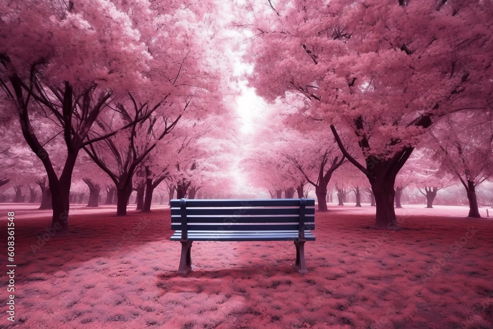 A park bench under some pink leaves surrounded by trees, in the style of mesmerizing optical illusions. Generative AI