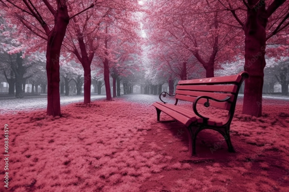 A park bench under some pink leaves surrounded by trees, in the style of mesmerizing optical illusions. Generative AI