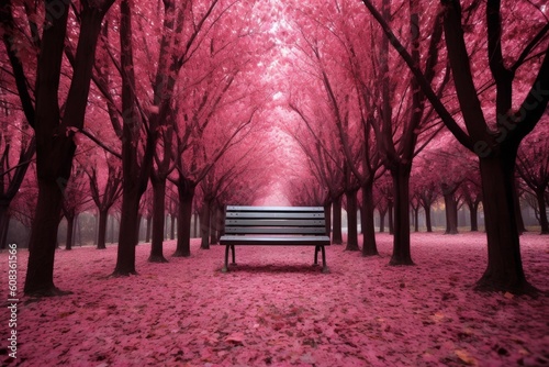 A park bench under some pink leaves surrounded by trees  in the style of mesmerizing optical illusions. Generative AI