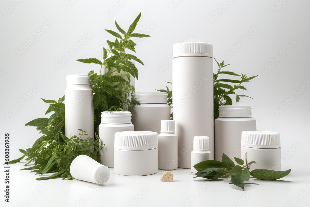 Mockup group of white cosmetic bottles and containers for creams and grooming cosmetics isolated on white. Green plants, natural eco cosmetics template. Generative AI professional photo imitation.
