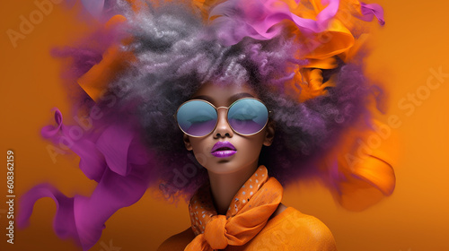Afroamerikanische Frau Gesicht mit pinken Afrolook im Retro Style Nahaufnahme, ai generativ photo