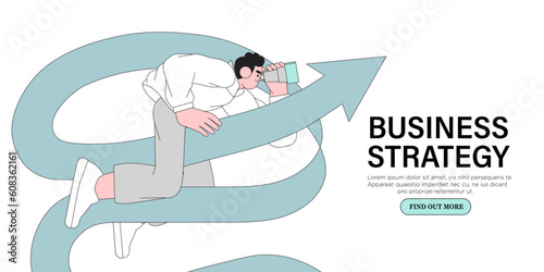 Businessman flying on arrow through obstacles to his goal. Business developement, career success or growth and opportunity, startup concept banner, landing web page. Creative trendy character.