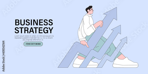 Businessman holding arrow and choose best solution. Business developement, career success or growth and opportunity, startup concept banner, landing web page. Creative trendy character.