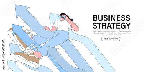 Businesswoman flying on arrow through obstacles to her goal. Business developement, career success or growth and opportunity, startup concept banner, landing web page. Creative trendy character.