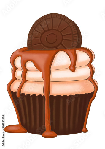 Chocolate upcake decorated with chocolate cookie watercolor illustration on transparent background