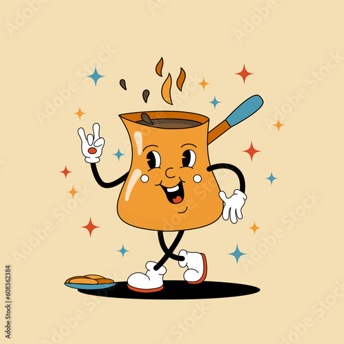 Comic flat coffee Turk with face on decorated background. Vector cartoon illustration in groovy retro style with cezve. Square image of cute coffee maker character with smile for advertising or poster