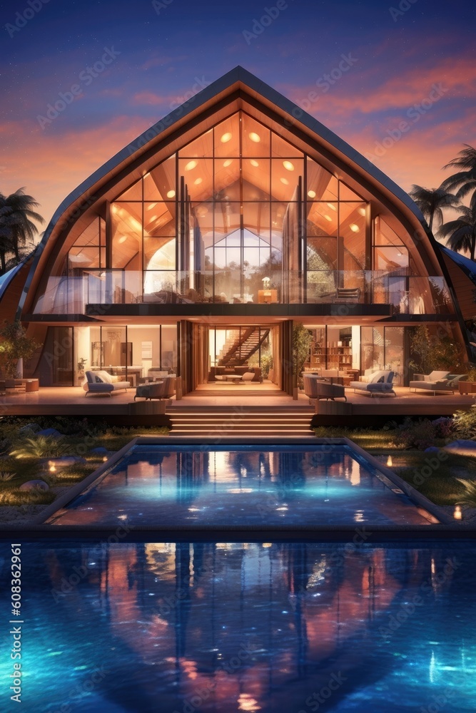 A digitally-illustrated luxurious home with contemporary pool villa design. (Generative AI)