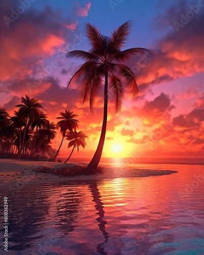AI-generated tropical beach sunset with palm tree. (Generative AI) © HandmadePictures