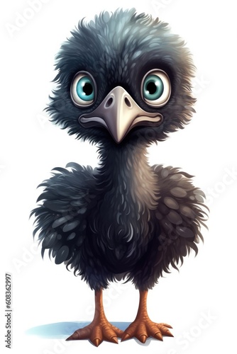 Cute baby Emu in Cartoon Style on white background - generative AI