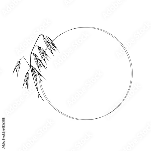Oats frame wreath of ears. Cereal harvest, agriculture, organic farming  healthy food symbol. Ears of oats are hand drawn. Design element for logo, print, packaging. Isolated white background. 