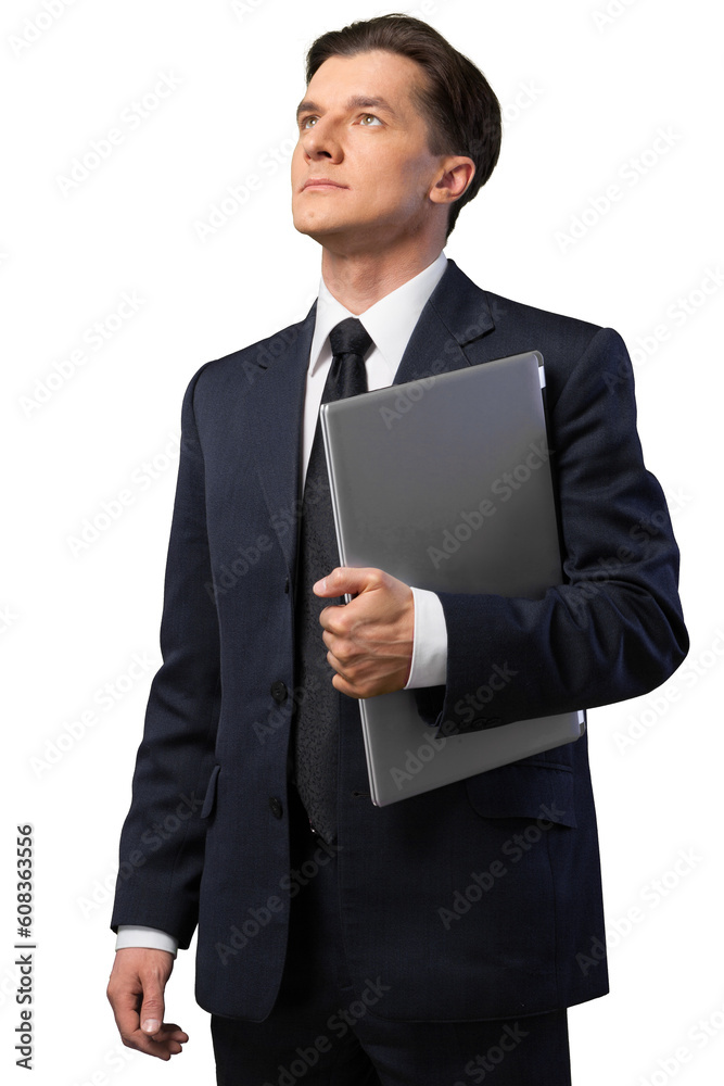 Business man holds a laptop and look up Business man holds a laptop and look up