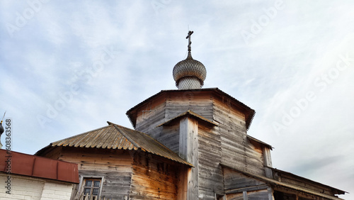 Beautiful old Orthodox church and the monastery on the island of Sviyazhsk and towers with domes against the sky. Beautiful old historic temple