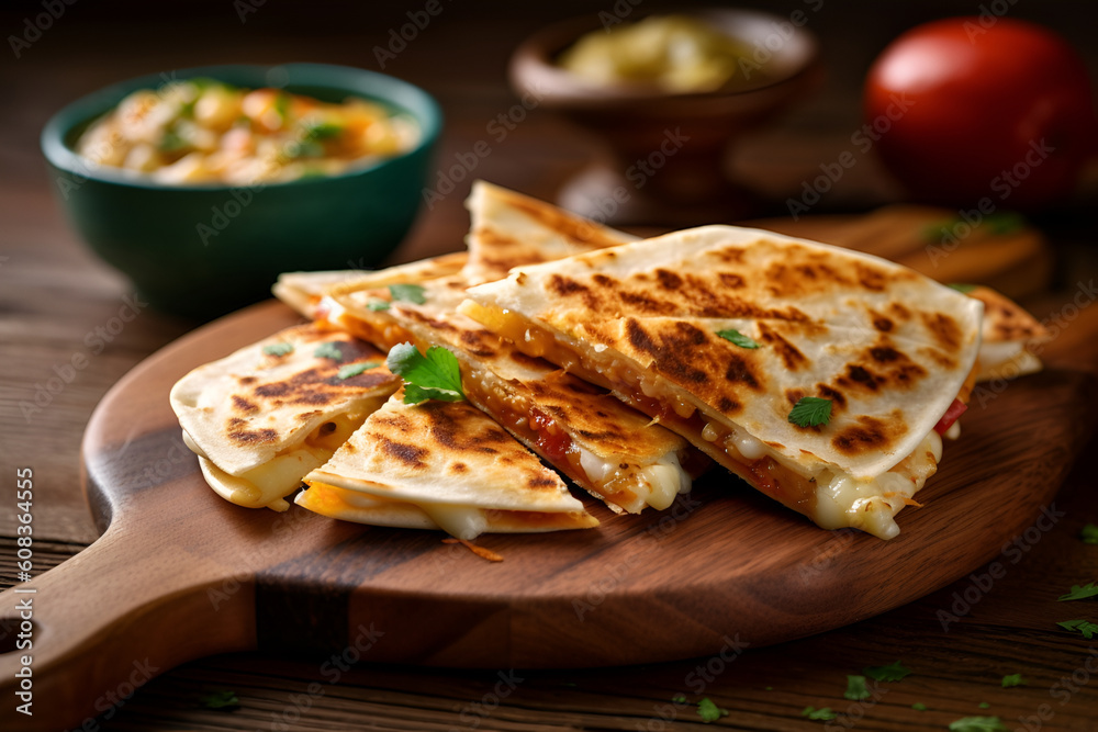 quesadilla lies on a wooden board on the table. street food. mexican food. AI generated Generative AI