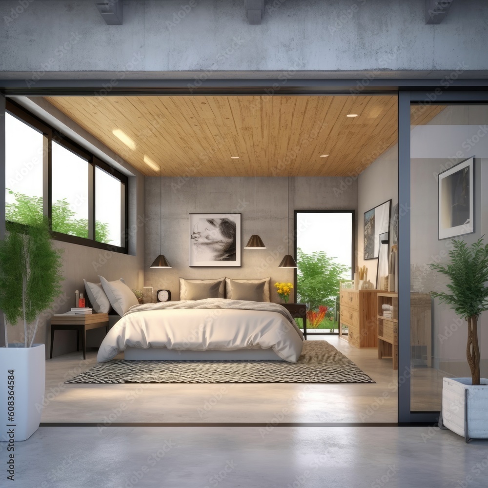 A contemporary loft bedroom with garden access, concrete floors, wooden ceiling, and gray furniture. (Illustration, Generative AI)