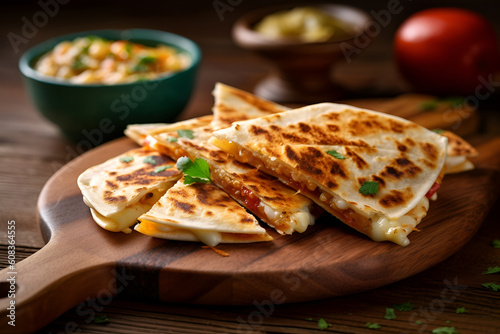 quesadilla lies on a wooden board on the table. street food. mexican food. AI generated Generative AI