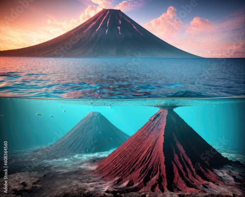 concept of the formation of a volcano under water. generative ai photo