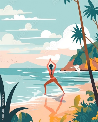 At the seashore  a woman practices yoga.  Illustration  Generative AI 