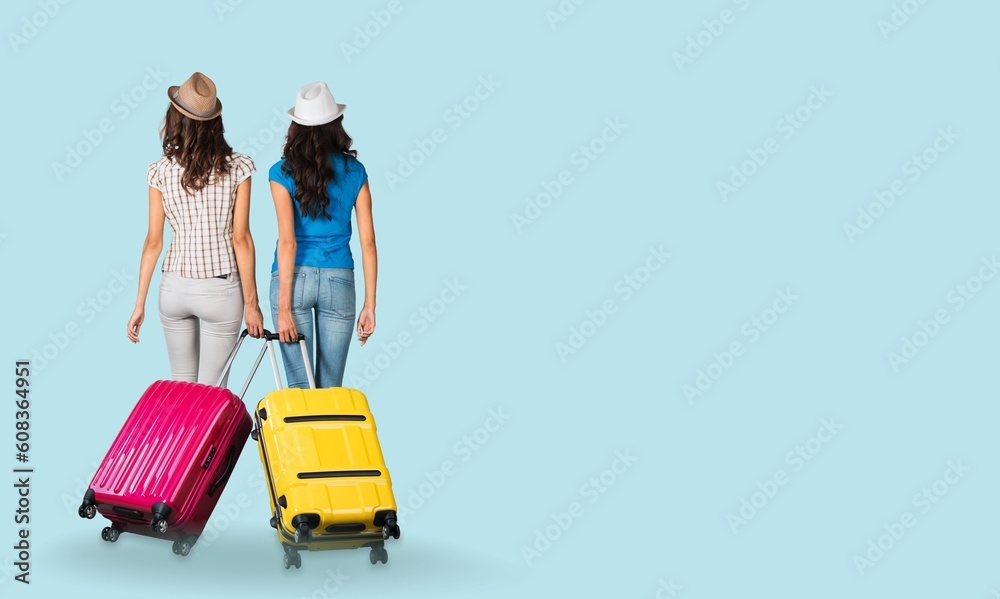 Happy tourist young travel friends with suitcase Happy tourist young travel friends with suitcase