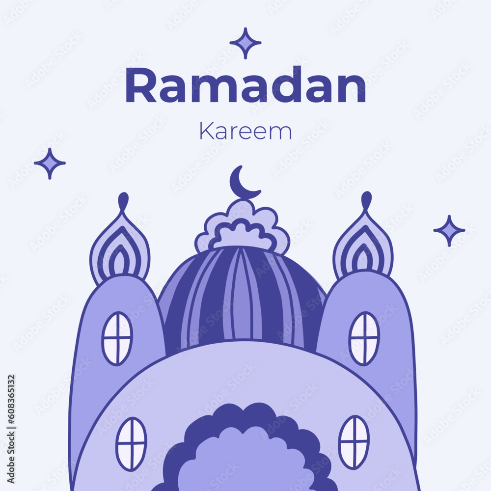 Poster for Ramadan Kareem in childish naive style. Islamic greeting card with mosque, moon crescent, stars in the sky. Template for banner, website design, media for Ramadan month events