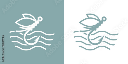 Logo de pesca de agua dulce. Anzuelo de pesca con mosca con olas