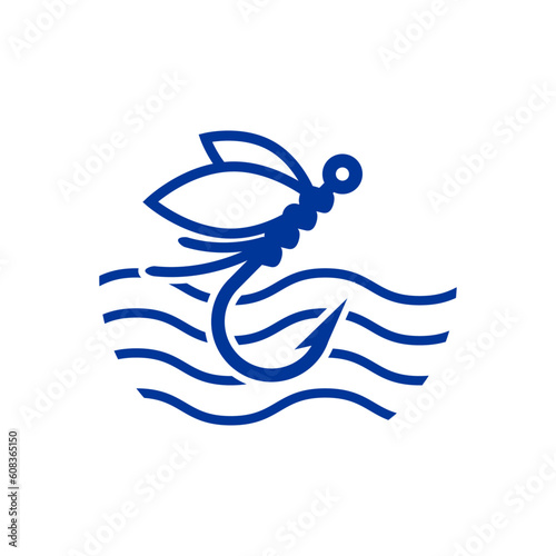 Logo de pesca de agua dulce. Anzuelo de pesca con mosca con olas