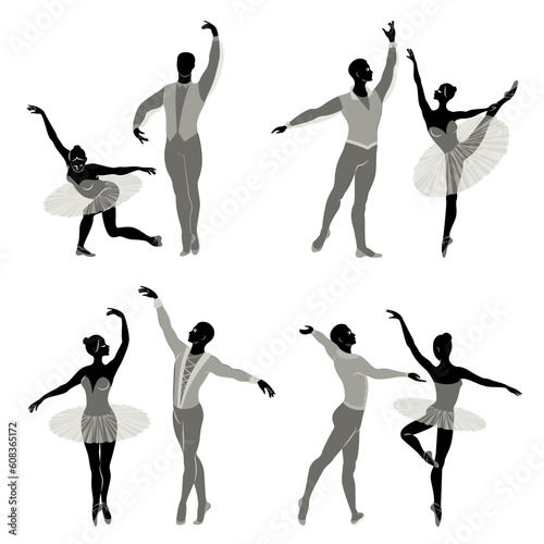 Collection. Silhouette of a ballet actor. The woman and the man have beautiful slender figures. Girl ballerina and boyfriend dancer. Vector illustration set.