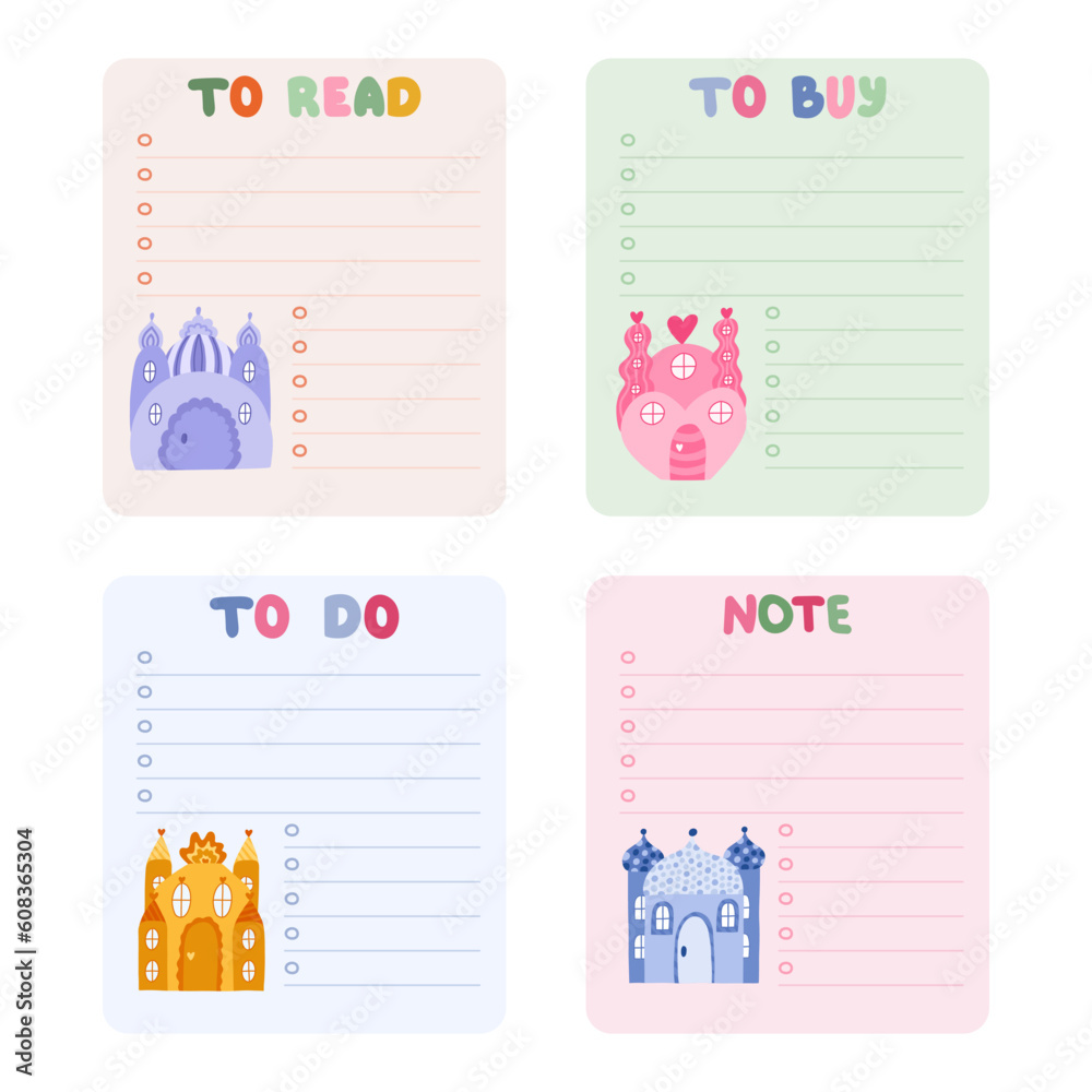 Obraz premium Cute scrapbook templates for planner notes, to do, to buy with fairy tale castles with towers of kings and queens. With printable, editable illustrations. For school and university schedule
