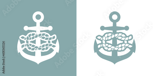 Logo nautical. Silueta ancla de barco con nudo marinero de cuerda