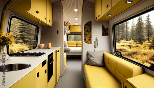 Motorhome, camper interior. Autotravel concept. Artificial intelligence generated. photo