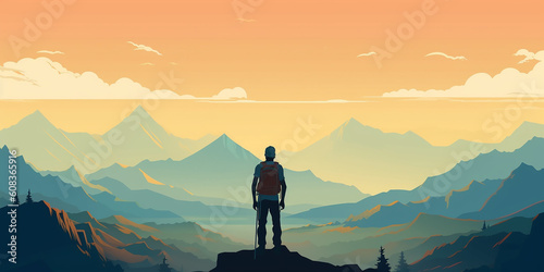 Hiker looking out over vast vivid mountain landscape. Generative AI illustration